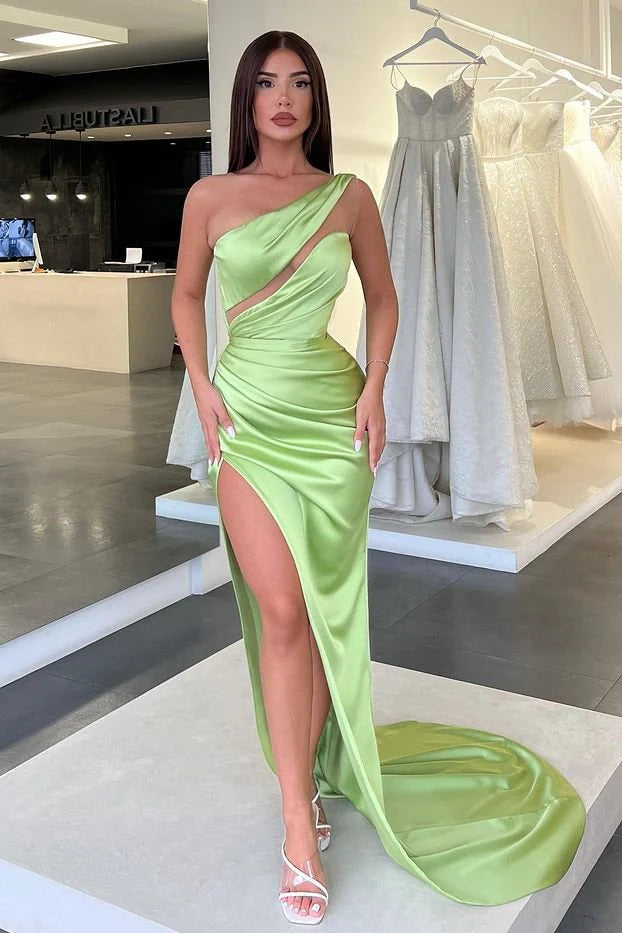 Vestidos formales verde claro, vestido de noche largo sin mangas con un solo hombro, vestido de fiesta con abertura lateral / Tienda de vestidos de fiesta